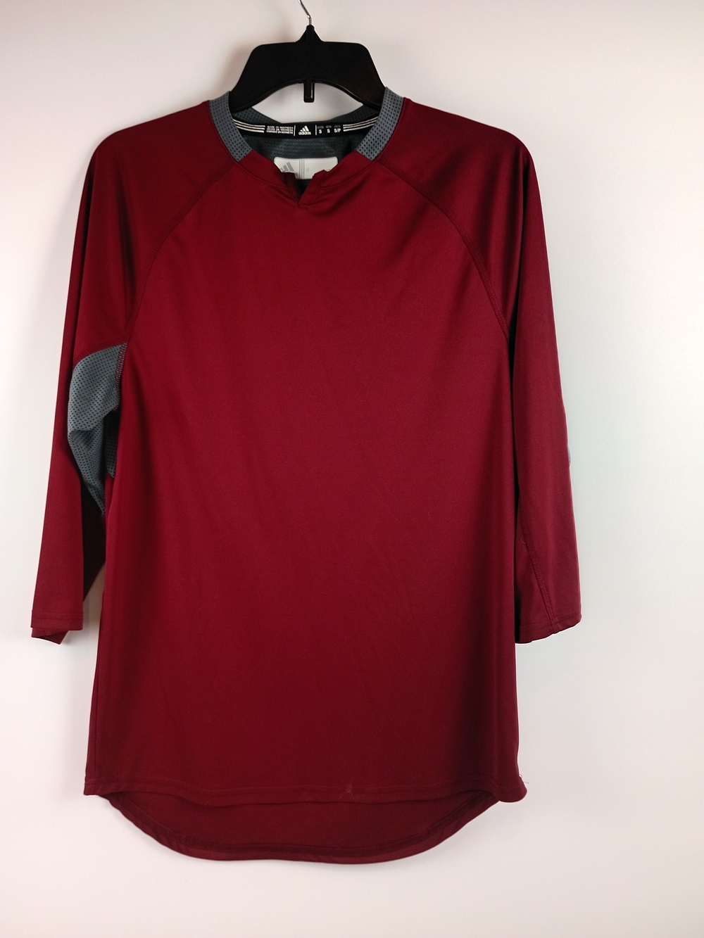 adidas Maroon Long-Sleeve Athletic Tee with Gray Trim